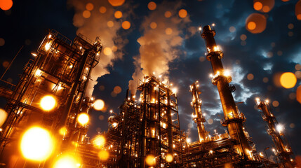 Nighttime oil refinery in full operation with glowing lights and smoke