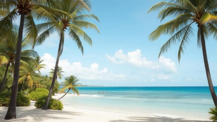 Fototapeta premium Tropical paradise with palm trees and sandy beach overlooking the ocean, coastline, tropical escape, ocean view