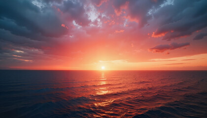 Obraz premium Dramatic glowing horizon over calm ocean at sunset, natural beauty