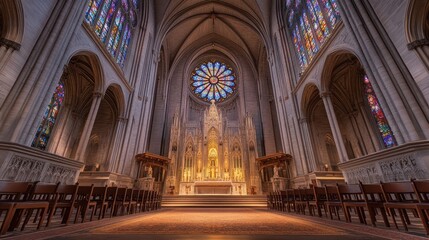 Cathedral interior, altar, stained glass, rows of chairs, peaceful worship