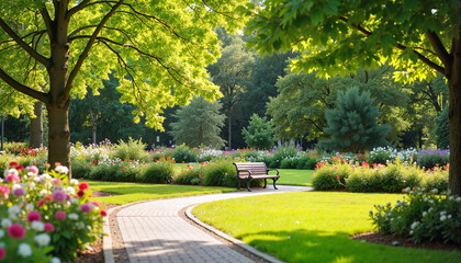Obraz premium Tranquil park bench surrounded by blooming flowers, serene escape