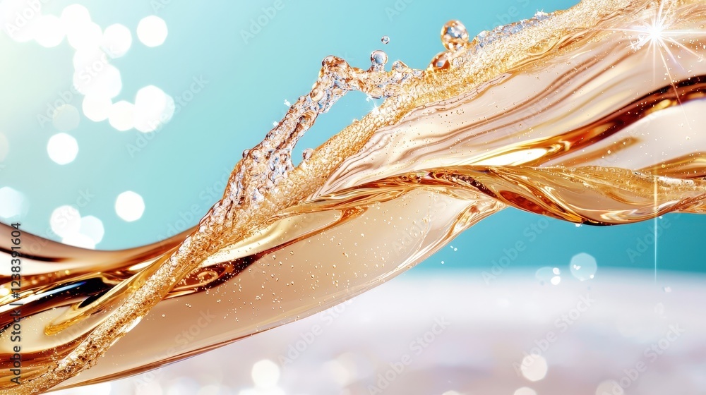Poster stunning close-up of golden liquid flowing in dynamic curves with bright bokeh background for creati