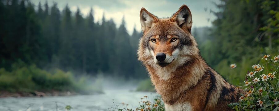 Wildlife encounter nature idea. A majestic wolf standing by a serene river amidst lush green forest surroundings.