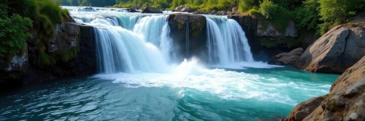 Fototapeta premium Turbulent water cascades down rocky cliffside, poolofwater, waterfall