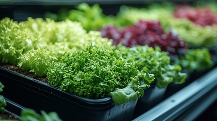 Fresh lettuce varieties growing in hydroponic system.