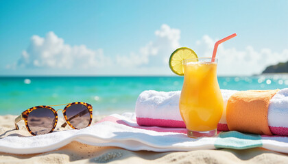 Relaxing sunbathing setup with sunglasses and tropical drink, summer vibes