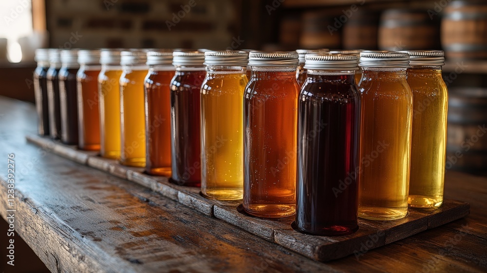 Poster a vibrant display of honey jars in various shades lined up on a rustic wooden table in a warm settin