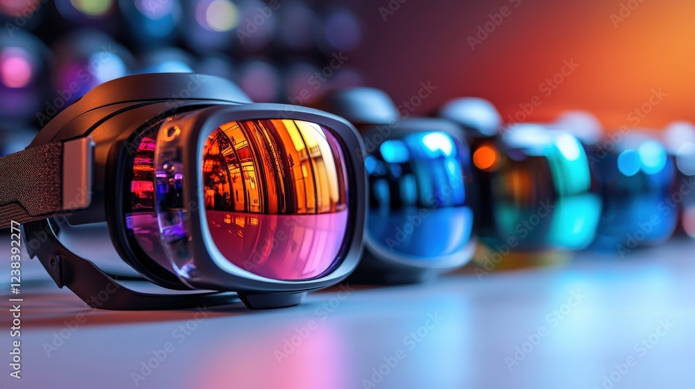 Poster a vibrant display of futuristic goggles lined up on a table with colorful reflections and lighting