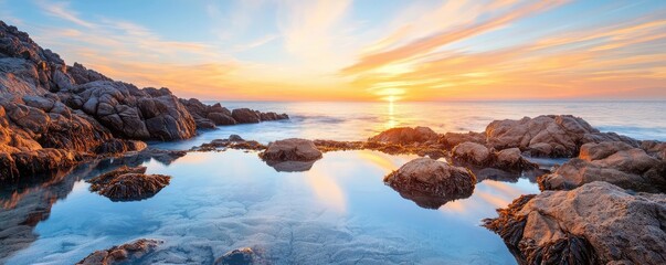 Sunset over ocean nature concept. Stunning beach sunset reflecting on calm water and rocky shore under vibrant skies.