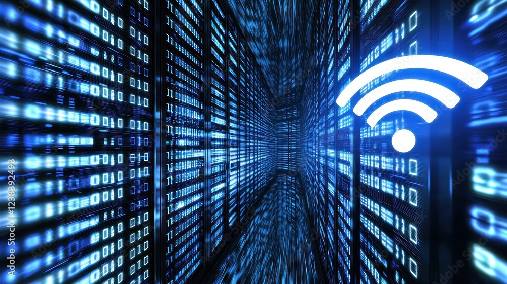Poster Futuristic Data Center with Binary Code and WiFi Symbol Representing Digital Connectivity and Information Flow