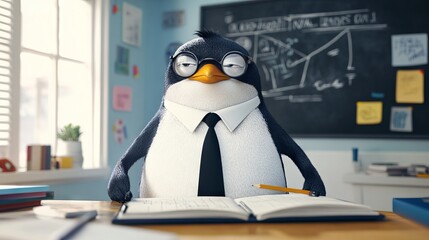 Professor penguin checking notes in classroom at university