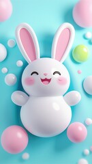 Fototapeta premium Happy Easter Bunny Surrounded by Pastel Easter Eggs and Bubbles 3D Render