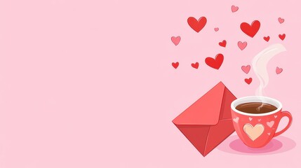 Happy Valentine's Day Background with Love Letter Envelope, Coffee Cup and Copy Space.