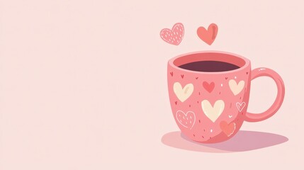 Happy Valentine's Day Background with Love Coffee Cup, Hearts and Copy Space.