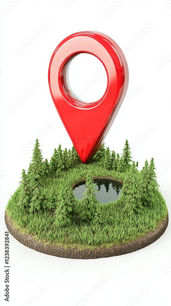 Poster red map pointer marking location of scenic pond green grass and evergreen trees