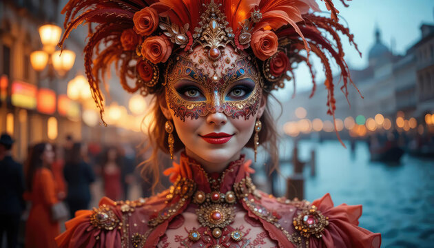 Venetian carnival mask, Portrait of beautiful woman with masquerade carnival mask on her face.
