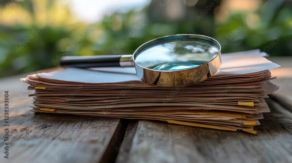 Poster stack of documents with magnifying glass resting on top, symbolizing analysis and research. scene co