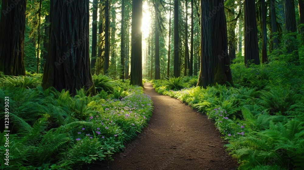 Poster national parks nature concept. a serene forest path illuminated by soft sunlight filtering through t