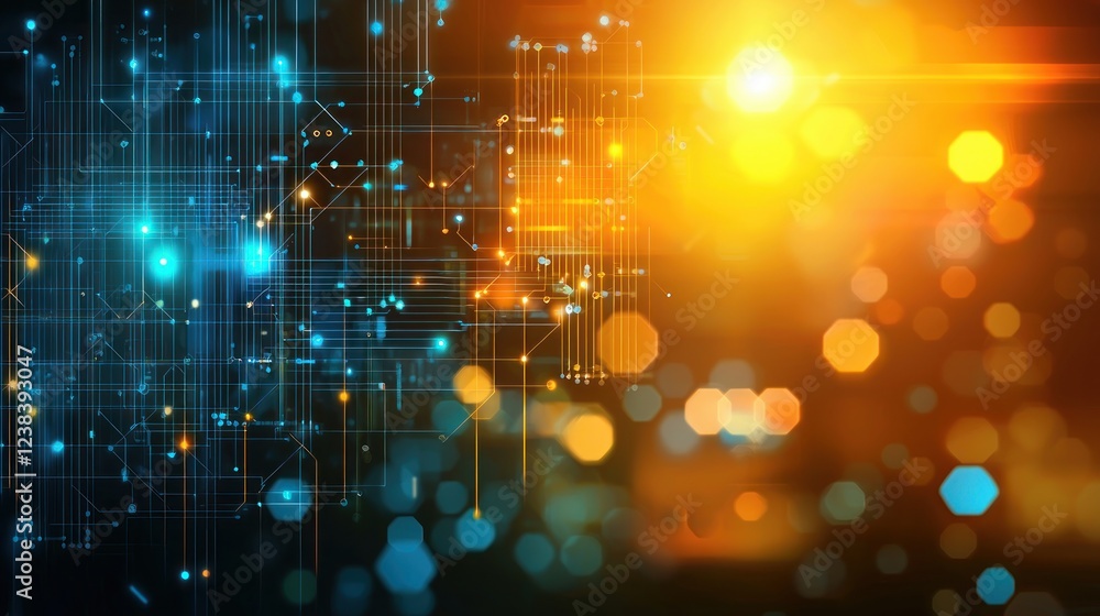 Aufkleber futuristic digital background with glowing circuits and bokeh light effects in blue and orange tones
