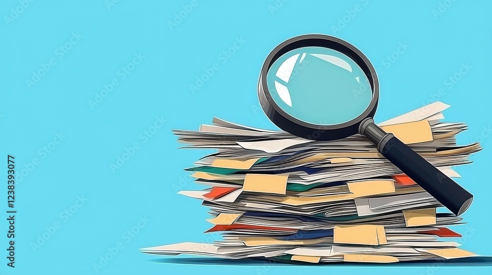 Poster stack of documents with magnifying glass symbolizes analysis and scrutiny. this conveys importance o