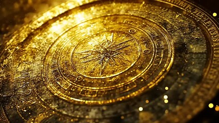 Golden Ornate Circular Disc with Intricate Celestial Design - Powered by Adobe