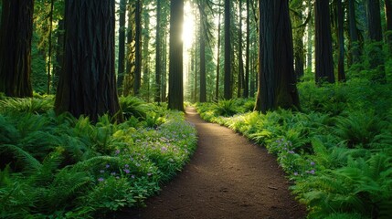 Obraz premium National parks nature concept. A serene forest path illuminated by soft sunlight filtering through the trees.