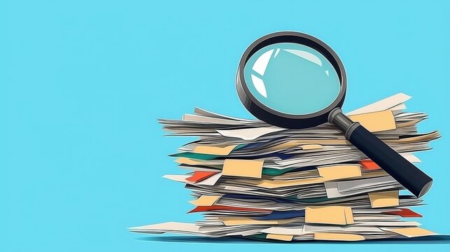 stack of documents with magnifying glass symbolizes analysis and scrutiny. This conveys importance of careful examination in research and documentation