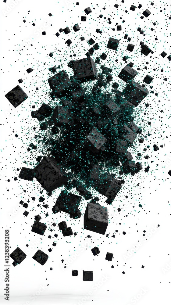 Leinwandbilder abstract 3d render exploding black cubes with teal particles dynamic digital art