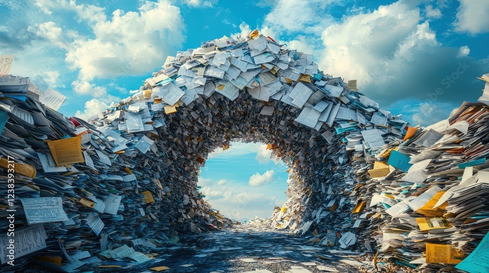 Poster visual metaphor of bridge made of documents, symbolizing weight of information and bureaucracy. scen