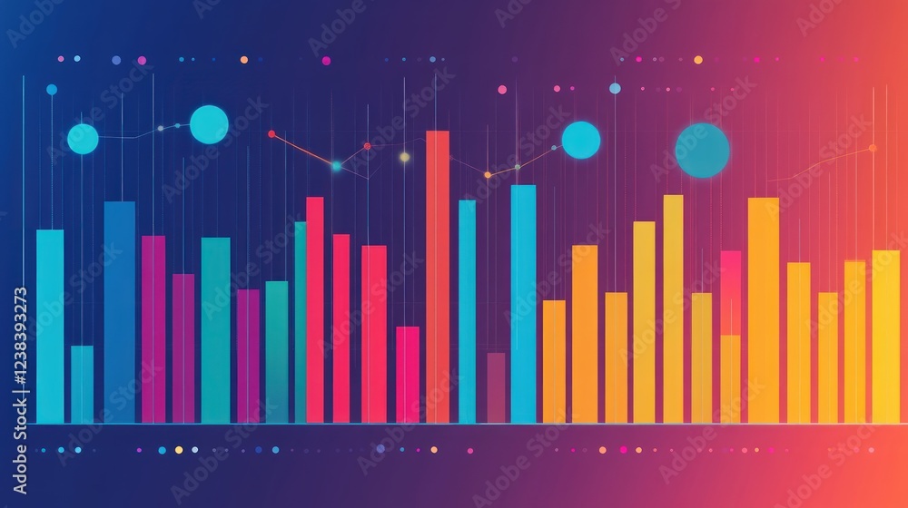 Aufkleber Colorful Abstract Data Visualization with Vibrant Bar Graphs and Circular Dots on Dark Background