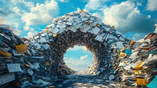 visual metaphor of bridge made of documents, symbolizing weight of information and bureaucracy. scene evokes sense of overwhelming data and challenge of navigating through it
