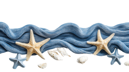 Starfishes and seashells flowing on blue wave with transparent background