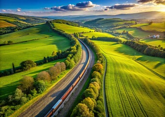 Obraz premium Aerial View of Train Tracks Winding Through Lush Green Landscape, Sunny Day