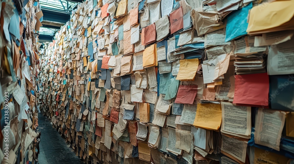 Poster visual metaphor of document wall, symbolizing information overload and chaos. narrow passageway is f