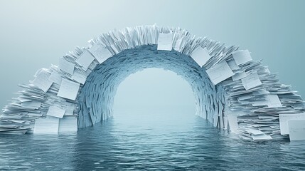 visual metaphor of bridge made of documents over water, symbolizing connection and communication. serene atmosphere evokes sense of calm and reflection
