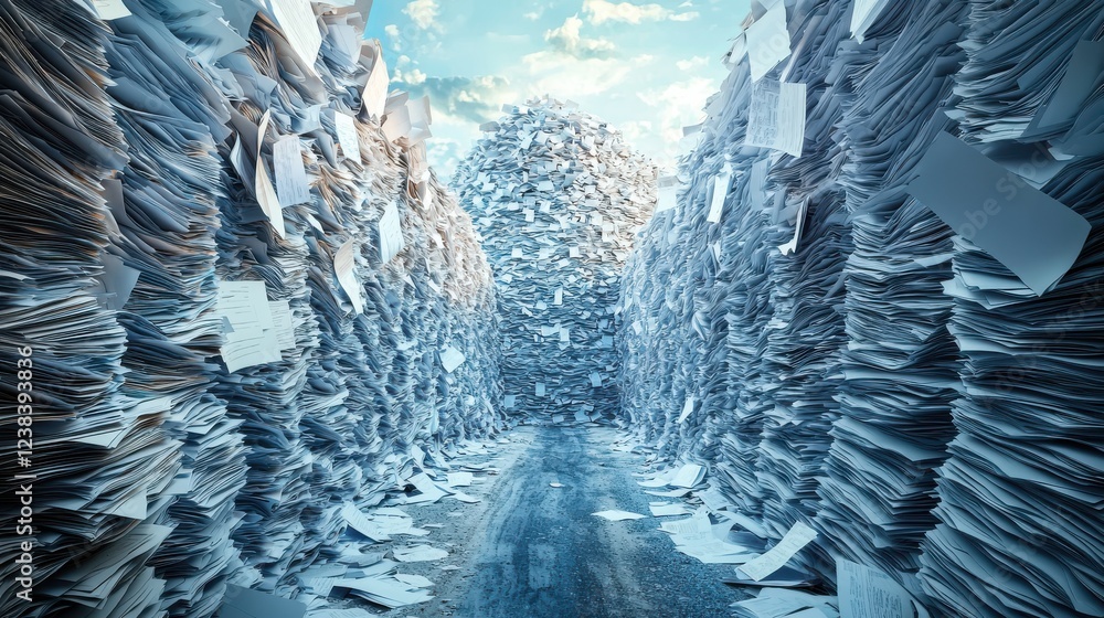Aufkleber visual of document avalanche, showcasing towering piles of papers creating narrow path. scene evokes