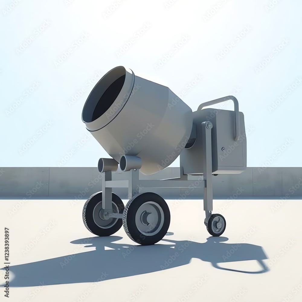 Poster an image of a cement mixer on wheels on a concrete surface, a close up of a cement mixer on a dolly with a blue sky in the background