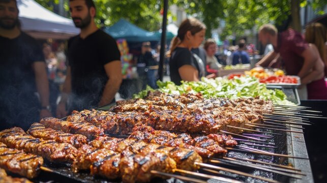 Delicious Grilled Skewers at a Busy Market with Fresh Vegetables and Hungry Customers