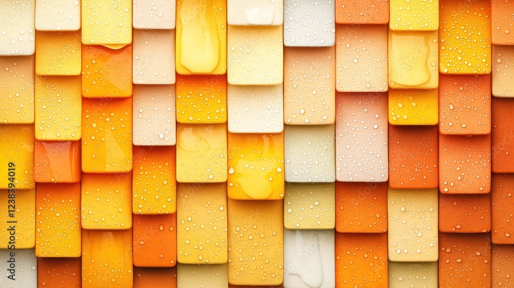 Aufkleber Textured Surface of Colorful Square Tiles with Water Droplets Reflecting Light in Warm Tones of Yellow and Orange