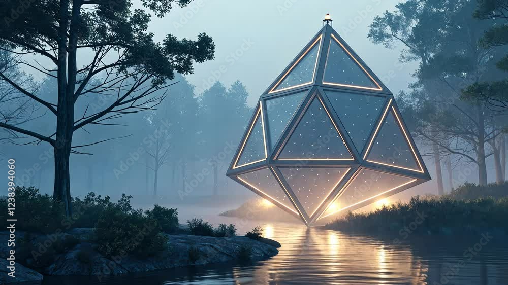 Poster technology background concept, futuristic structure in a misty forest setting