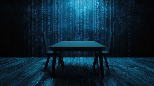 A dark, digital-themed scene featuring a table with two chairs, illuminated by blue binary code falling in the background.
