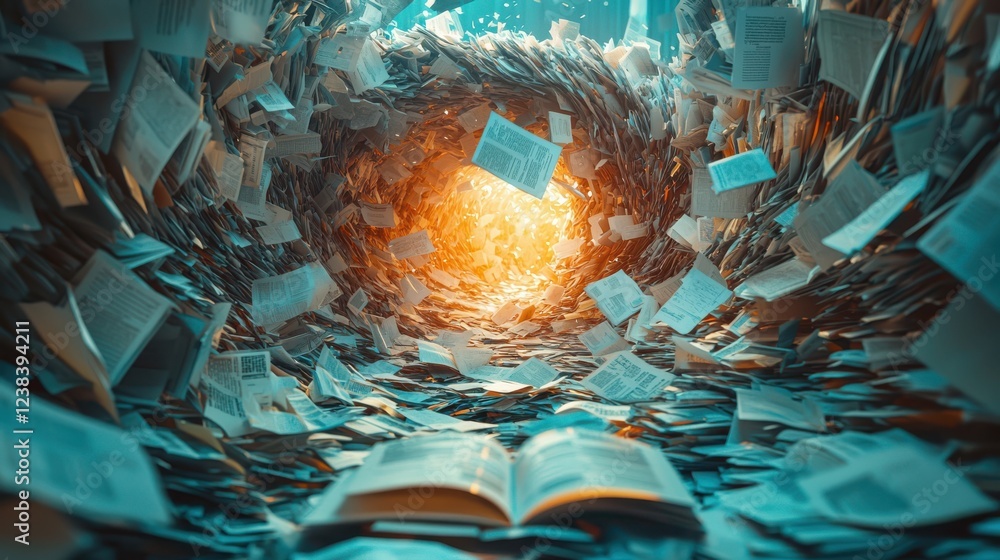 Poster visual of document tornado symbolizing overwhelming information, with swirling pages and glowing cen