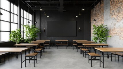 A modern, industrial-style dining area featuring wooden tables, black metal chairs, plants, and large windows.