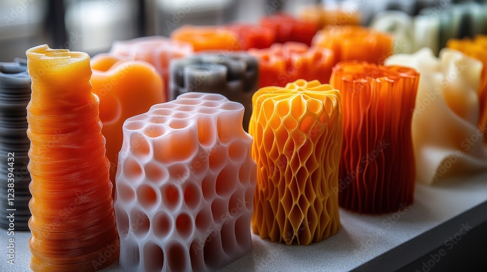 Poster a vibrant display of uniquely shaped candles in various colors arranged on a table in a bright setti