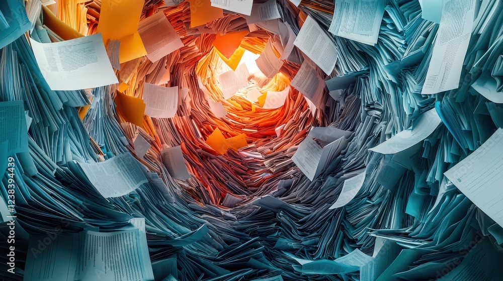 Aufkleber visual of tangled web of documents symbolizing chaos and disorganization, with swirling papers in va