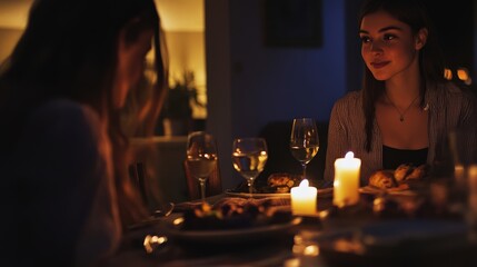 A cozy candlelit dinner for two friends, creating warm memories together under soft light and enjoying a delicious meal.