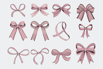 decorative pink bow set featuring classic loops and tied ribbon illustrations
