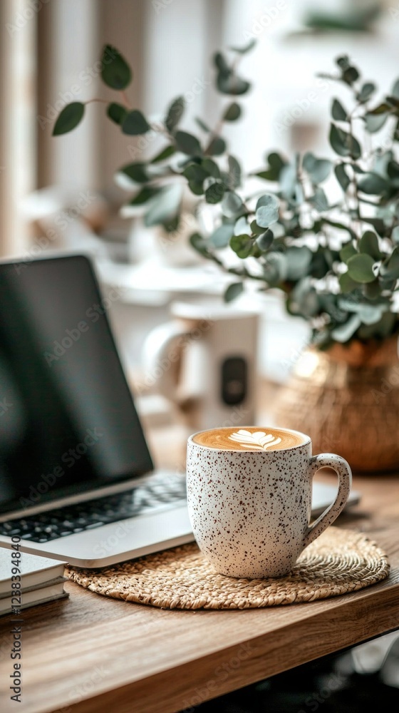 Poster a serene workspace features a speckled coffee mug filled with warm coffee beside a laptop, while lus
