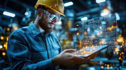 Innovative engineer using tablet in industrial setting, analyzing data
