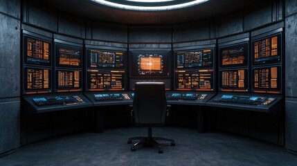 A futuristic control room with multiple screens and a central chair, showcasing advanced technology in a sleek, dark environment.